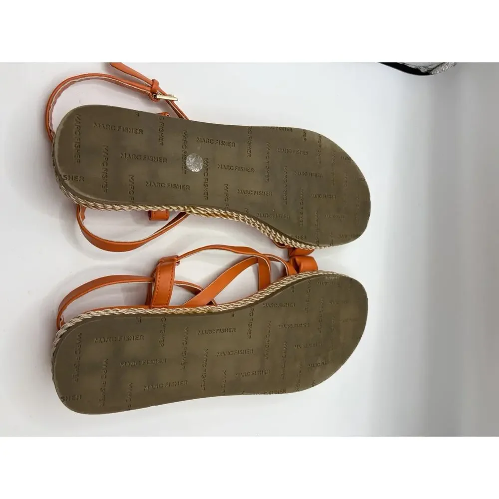 Marc Fisher Natelea Sandals Womens 8 Orange Espadrille Flat Ankle Strap
